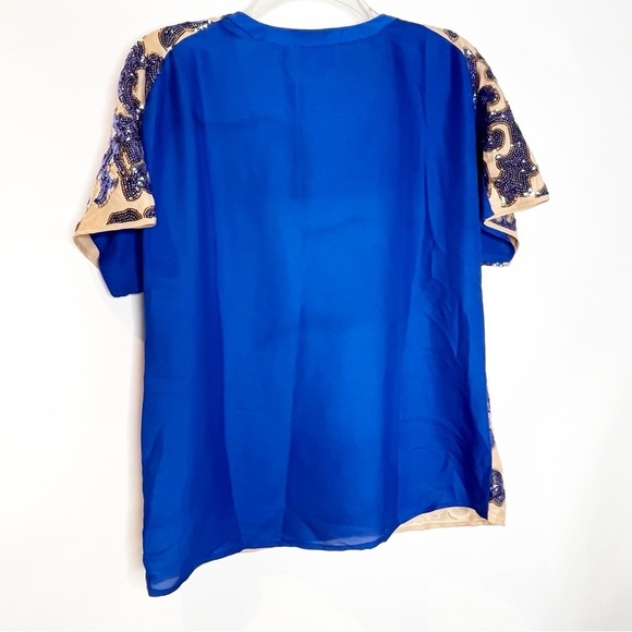 Tracy Reese Neiman Marcus | Glamours Sequined Blue Tan Blouse - Picture 3 of 5
